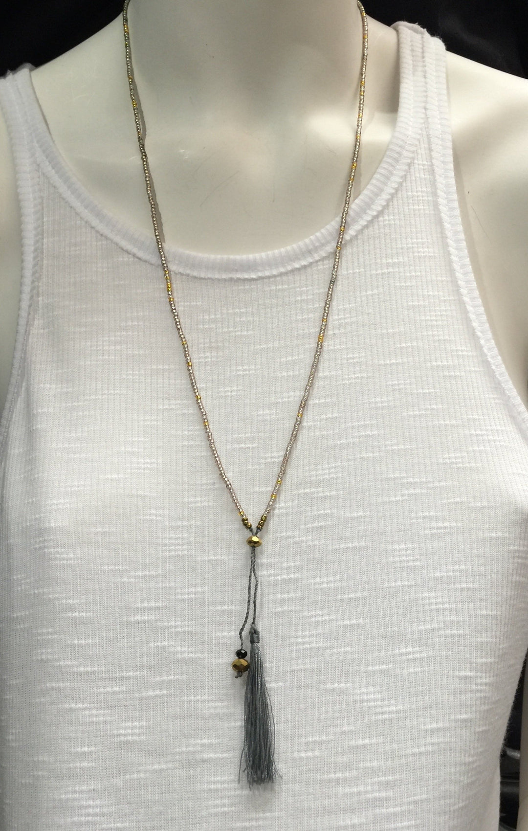 Single Strand Seed Bead Mini Tassel Necklace - Champagne