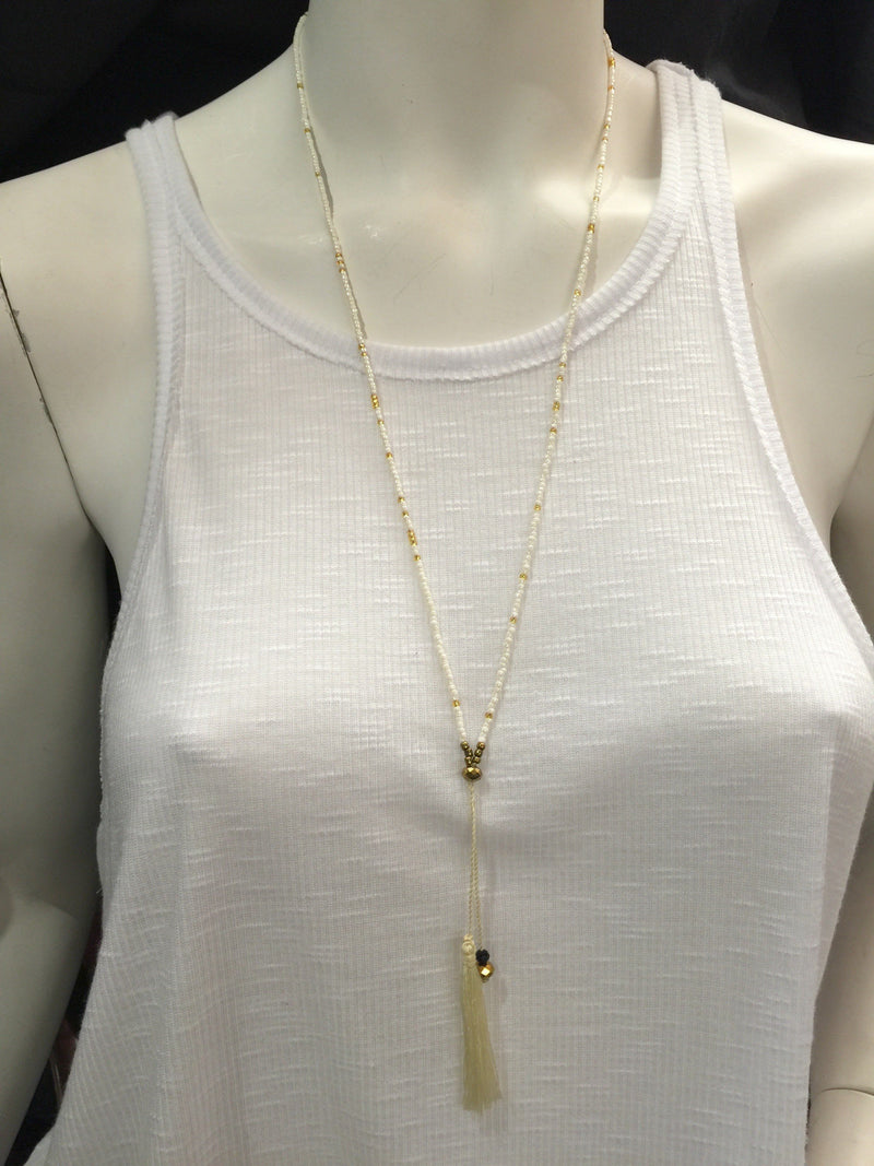 Single Strand Seed Bead Mini Tassel Necklace - White