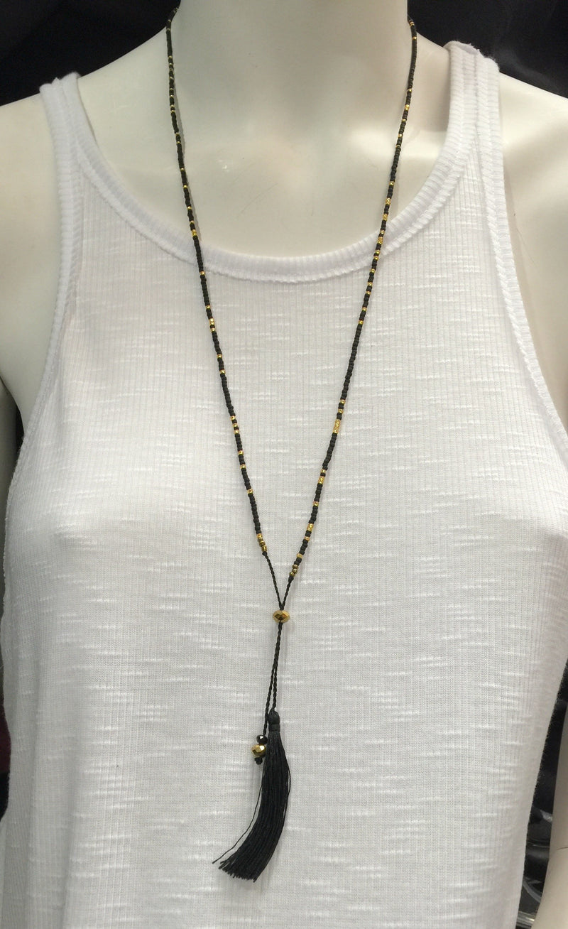 Single Strand Seed Bead Mini Tassel Necklace - Black