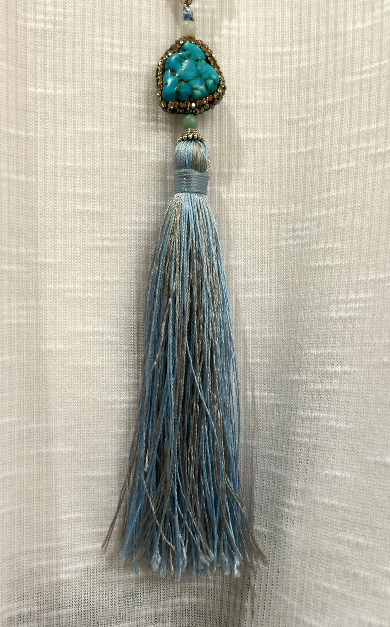 Blue Agate and Multi Piece Turquoise Long Tassel Necklace