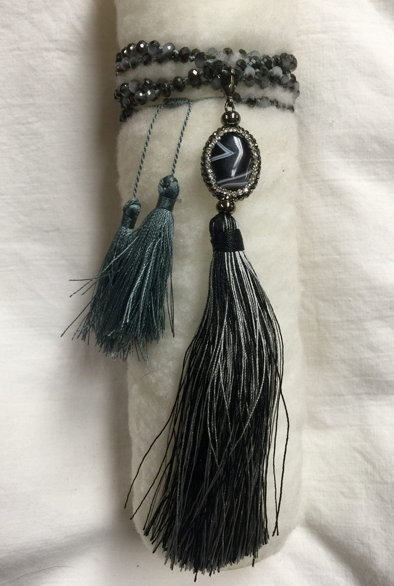 Agate and Crystal Long Tassel Necklace  - Black/Turquoise