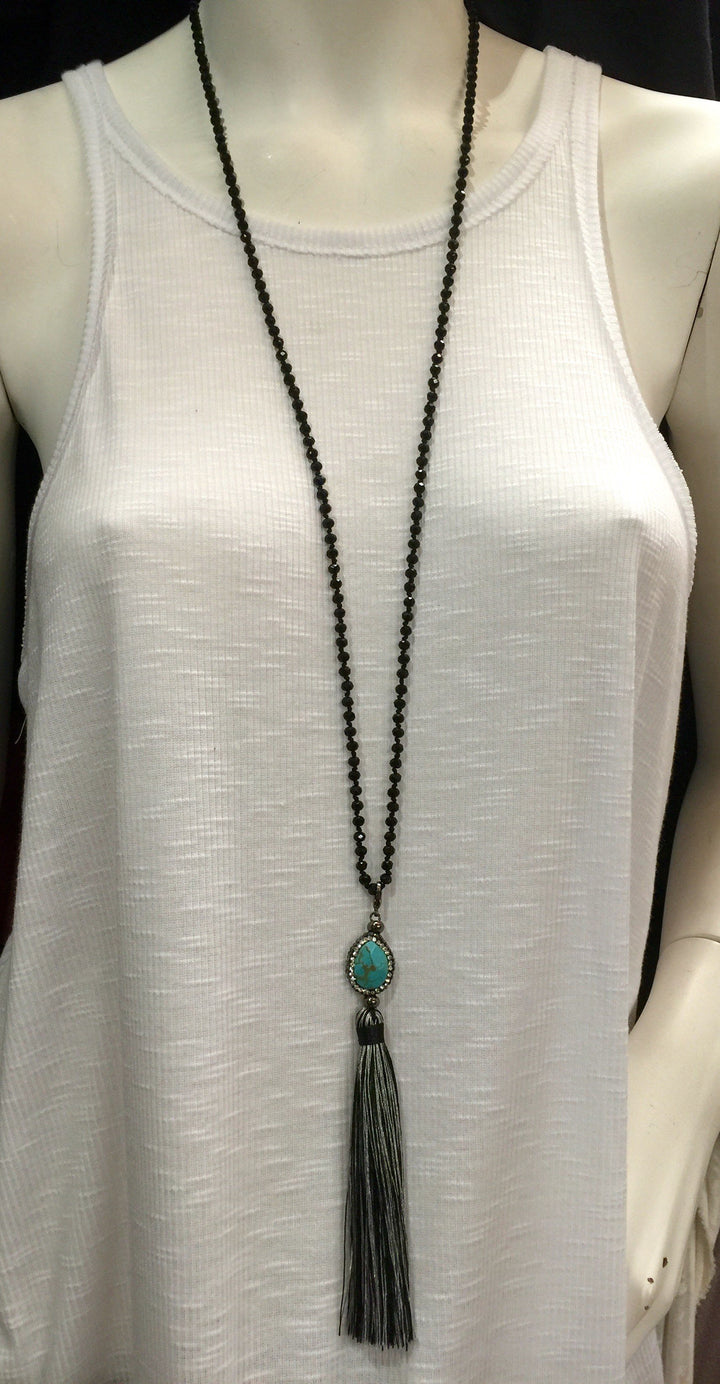 Agate and Crystal Long Tassel Necklace  - Black/Turquoise