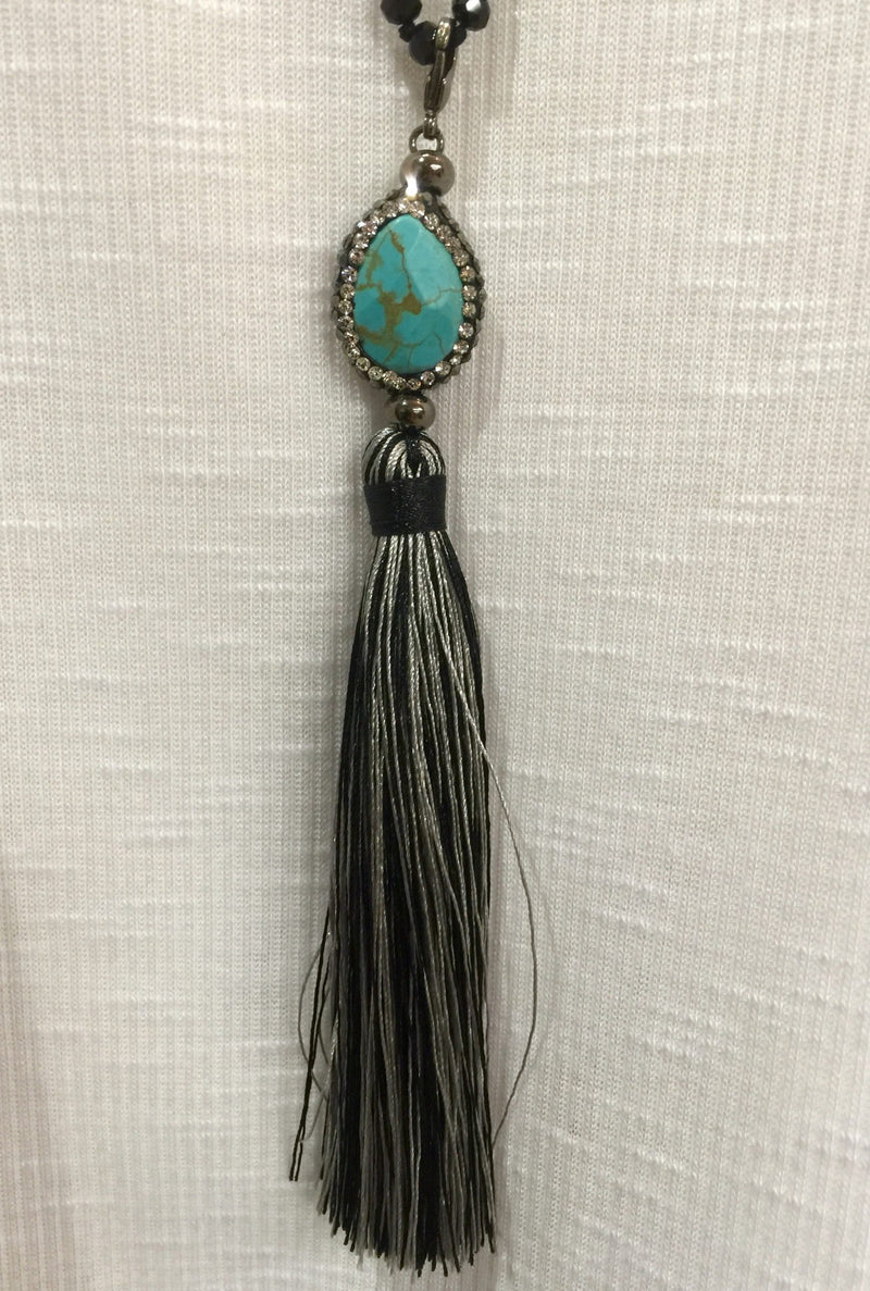 Agate and Crystal Long Tassel Necklace  - Black/Turquoise