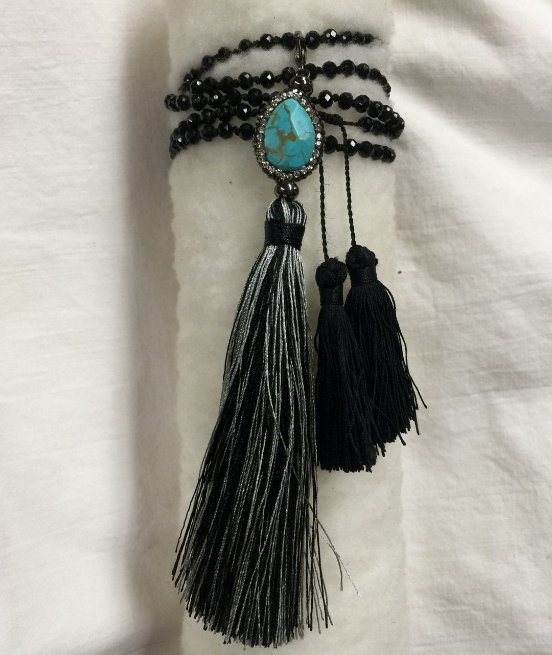 Agate and Crystal Long Tassel Necklace  - Black/Turquoise