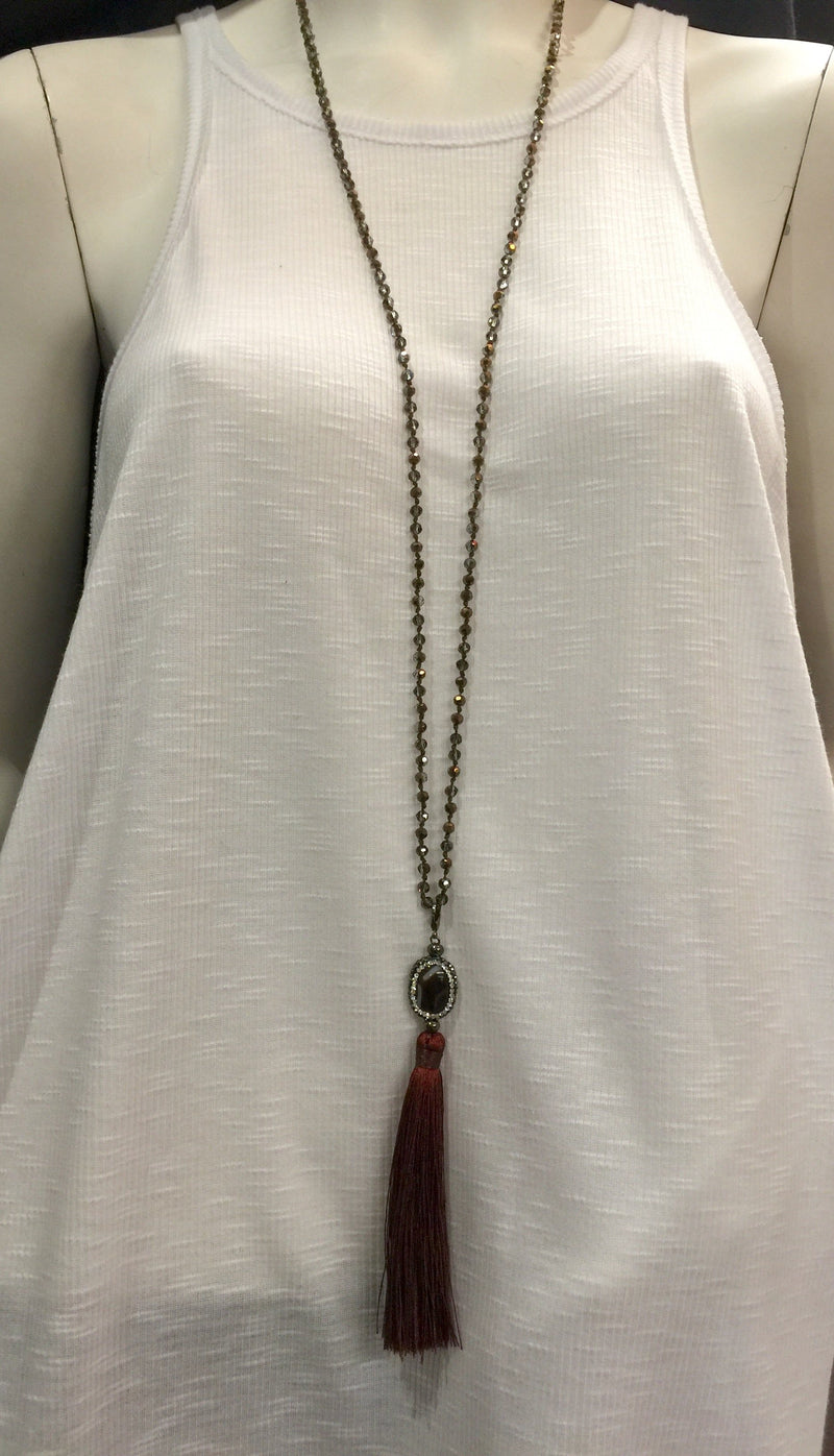 Agate and Crystal Long Tassel Necklace  - Brown