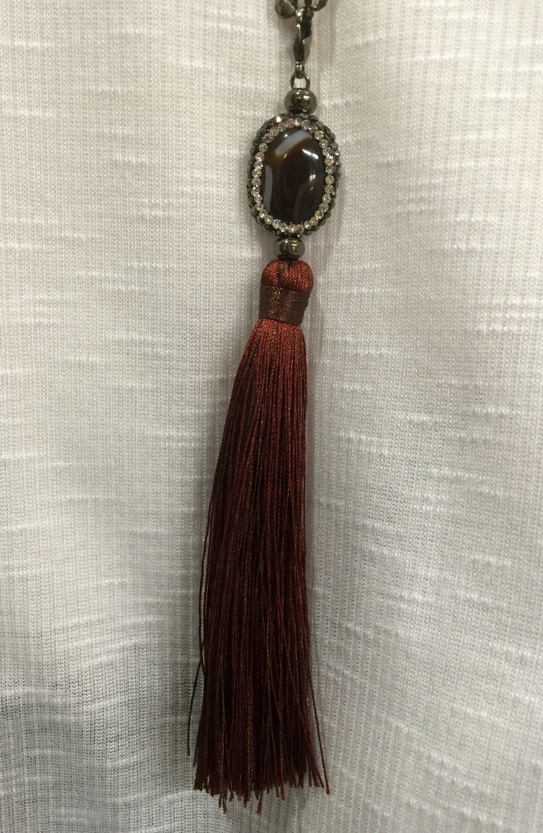 Agate and Crystal Long Tassel Necklace  - Brown