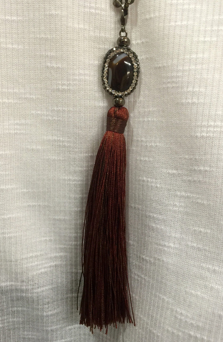 Agate and Crystal Long Tassel Necklace  - Brown