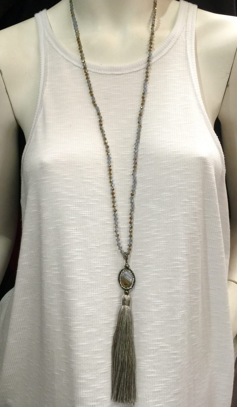 Agate and Crystal Long Tassel Necklace  - White/Gray