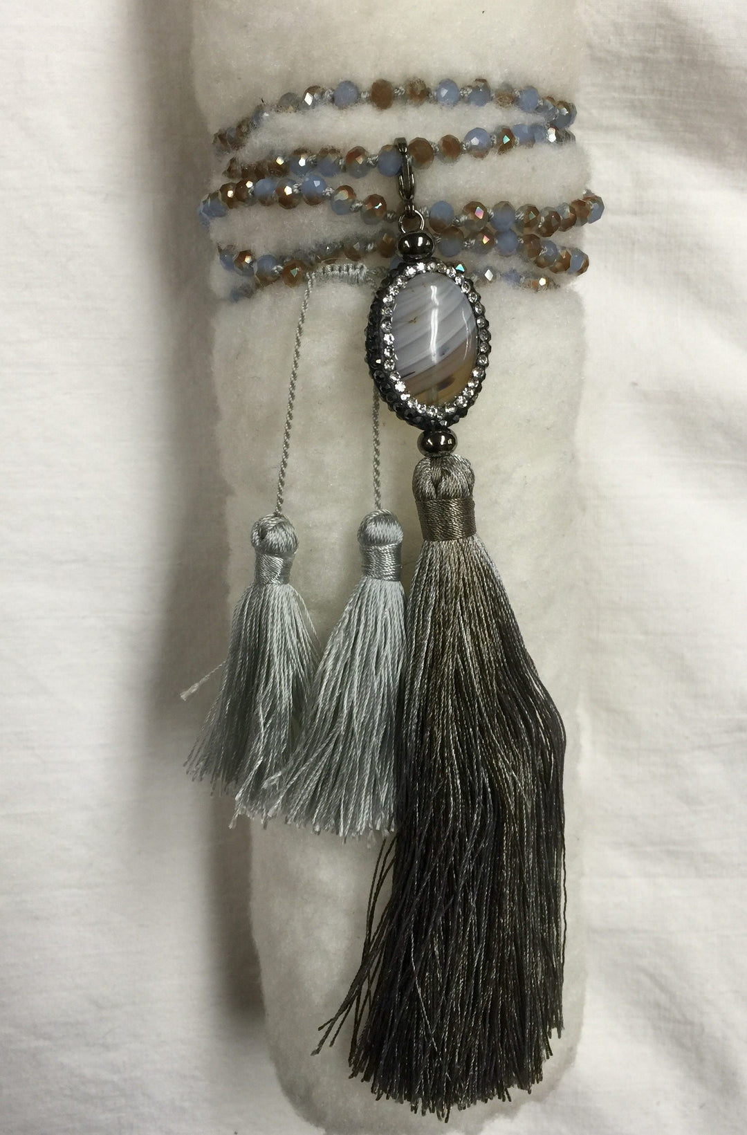 Agate and Crystal Long Tassel Necklace  - White/Gray