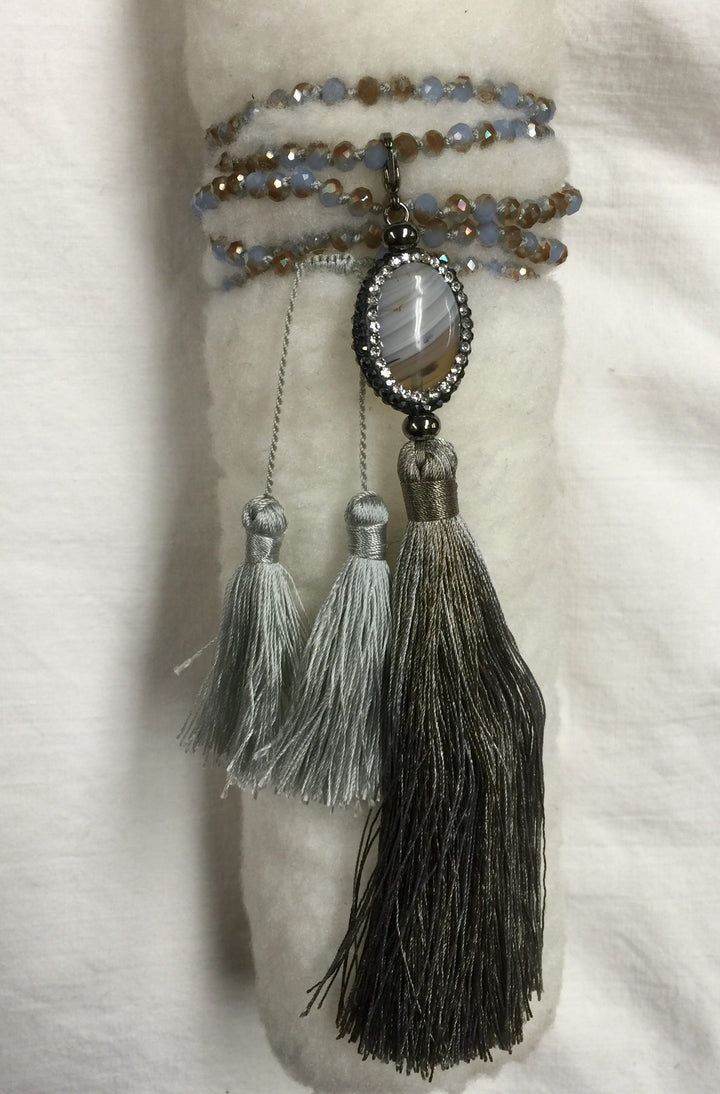 Agate and Crystal Long Tassel Necklace  - White/Gray