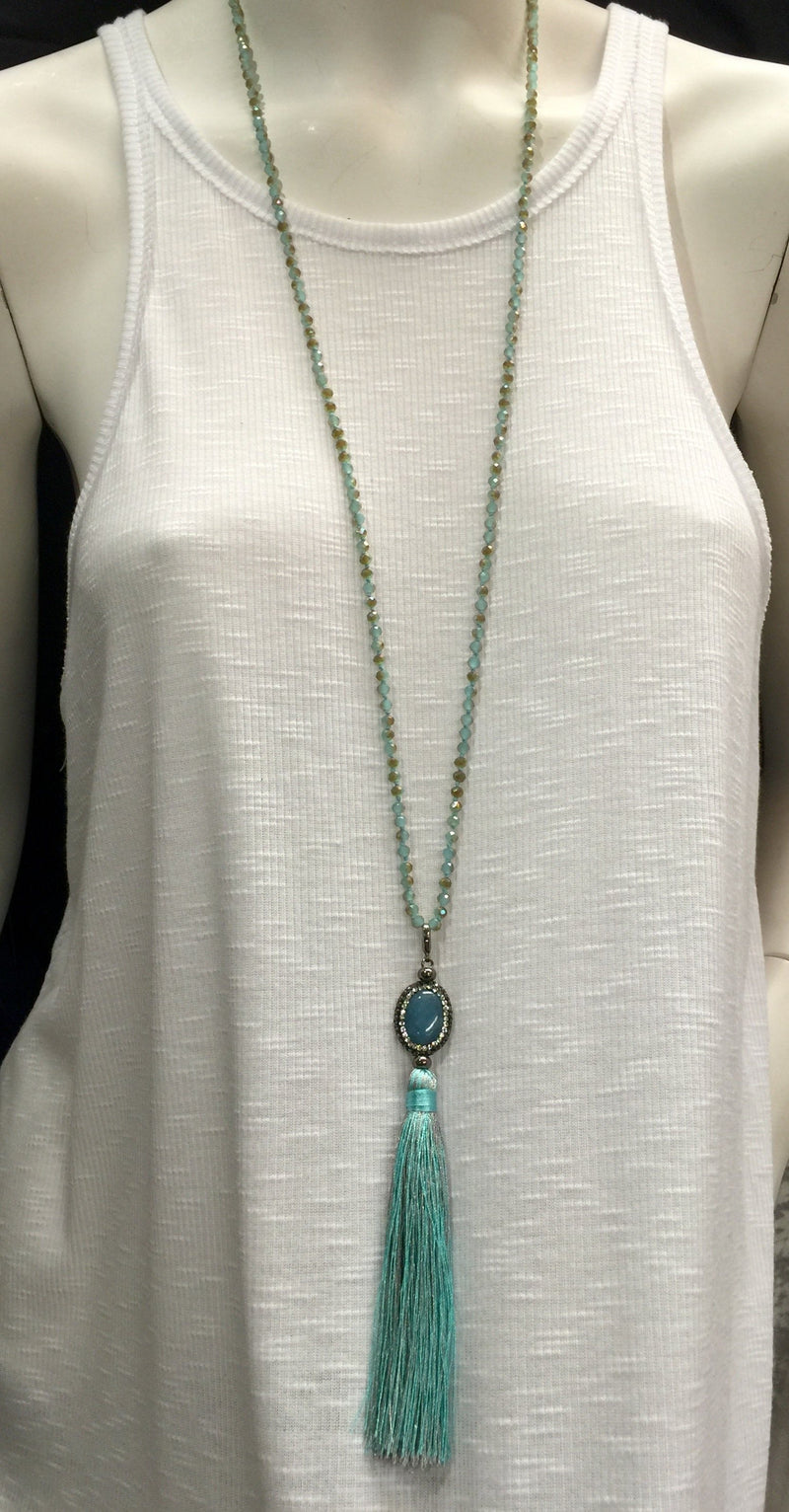 Agate and Crystal Long Tassel Necklace  - Blue