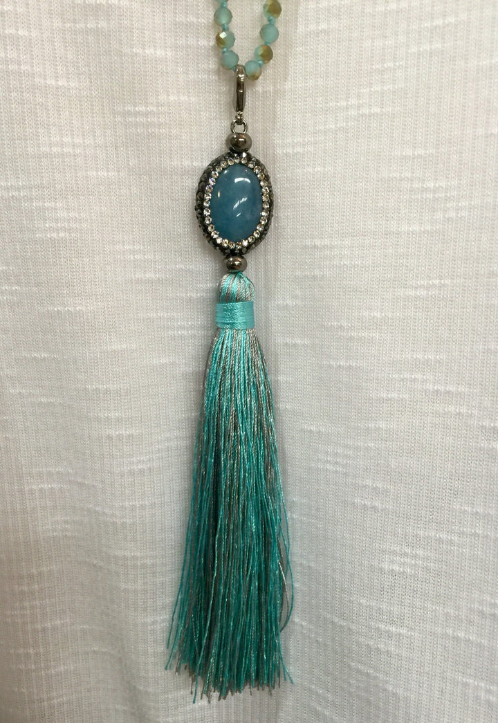 Agate and Crystal Long Tassel Necklace  - Blue