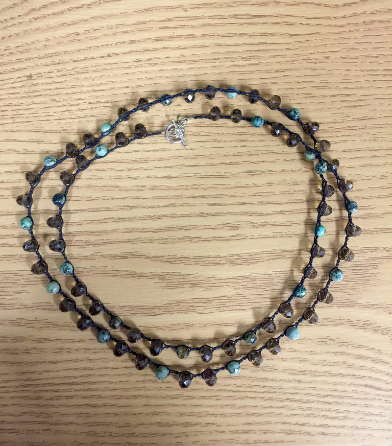 Smokey Topaz Crystal Turquoise Crocheted Necklace - Brown