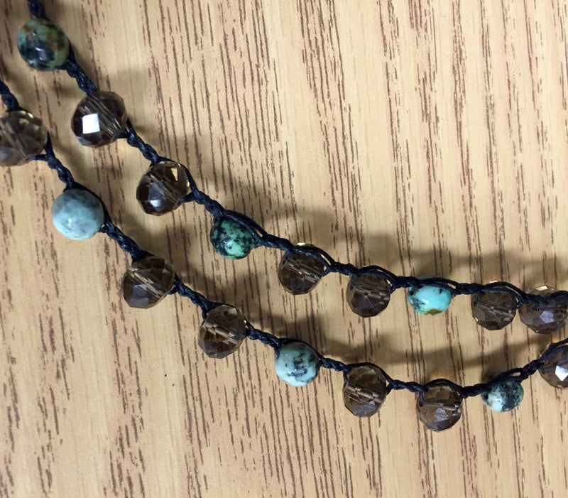 Smokey Topaz Crystal Turquoise Crocheted Necklace - Brown