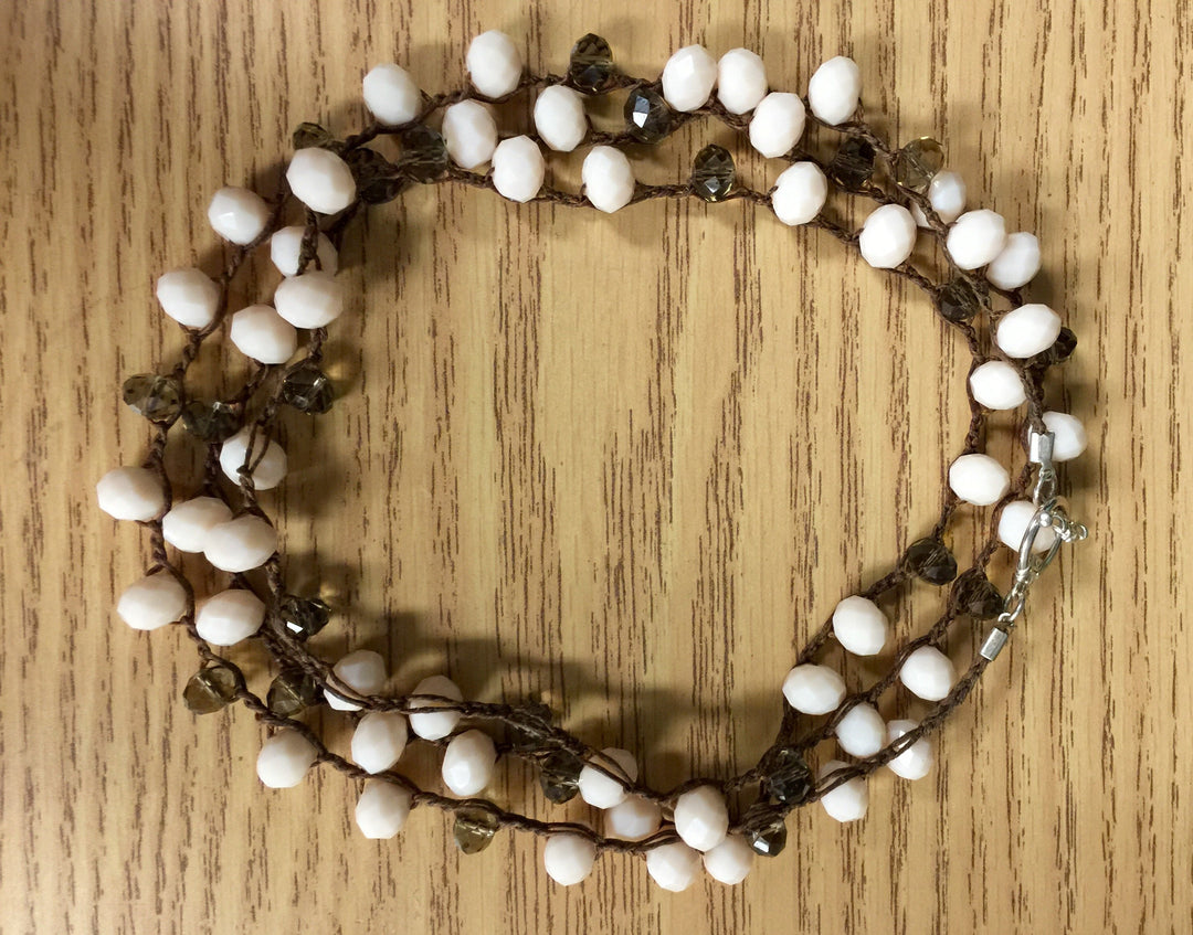 Ballet Pink Quartz and Smokey Topaz Crystal Crocheted Necklace - BabyPink