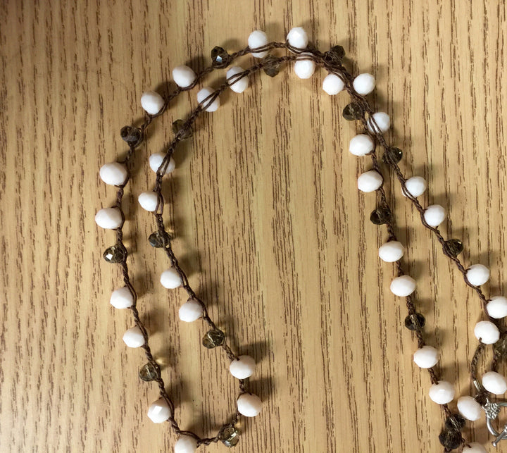 Ballet Pink Quartz and Smokey Topaz Crystal Crocheted Necklace - BabyPink