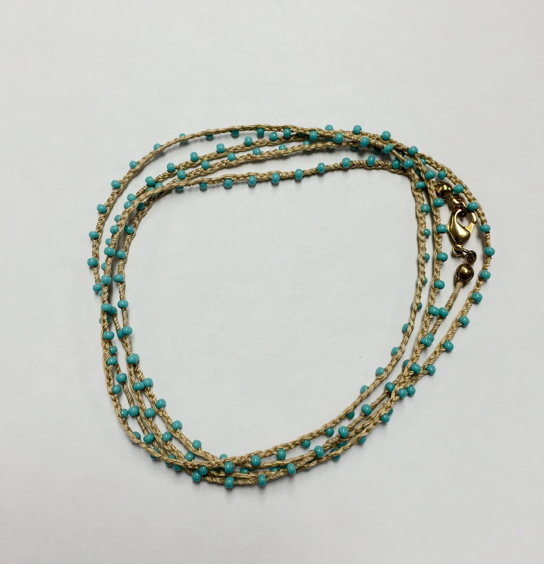 Hand Made Necklace/ Bracelet With Contrast Beads - Tan/Turquoise