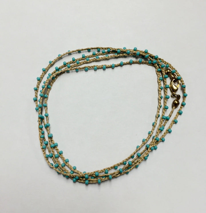 Hand Made Necklace/ Bracelet With Contrast Beads - Tan/Turquoise