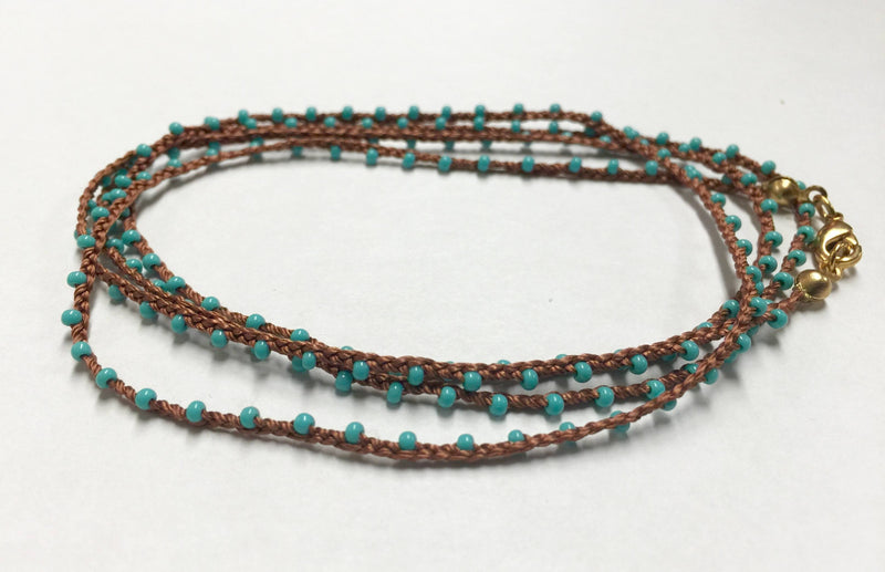 Hand Made Necklace/ Bracelet With Contrast Beads - Light Brown/Turquoise