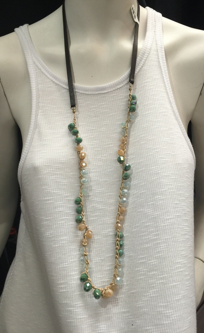 Leather and Crystal Crochet Necklace - Green