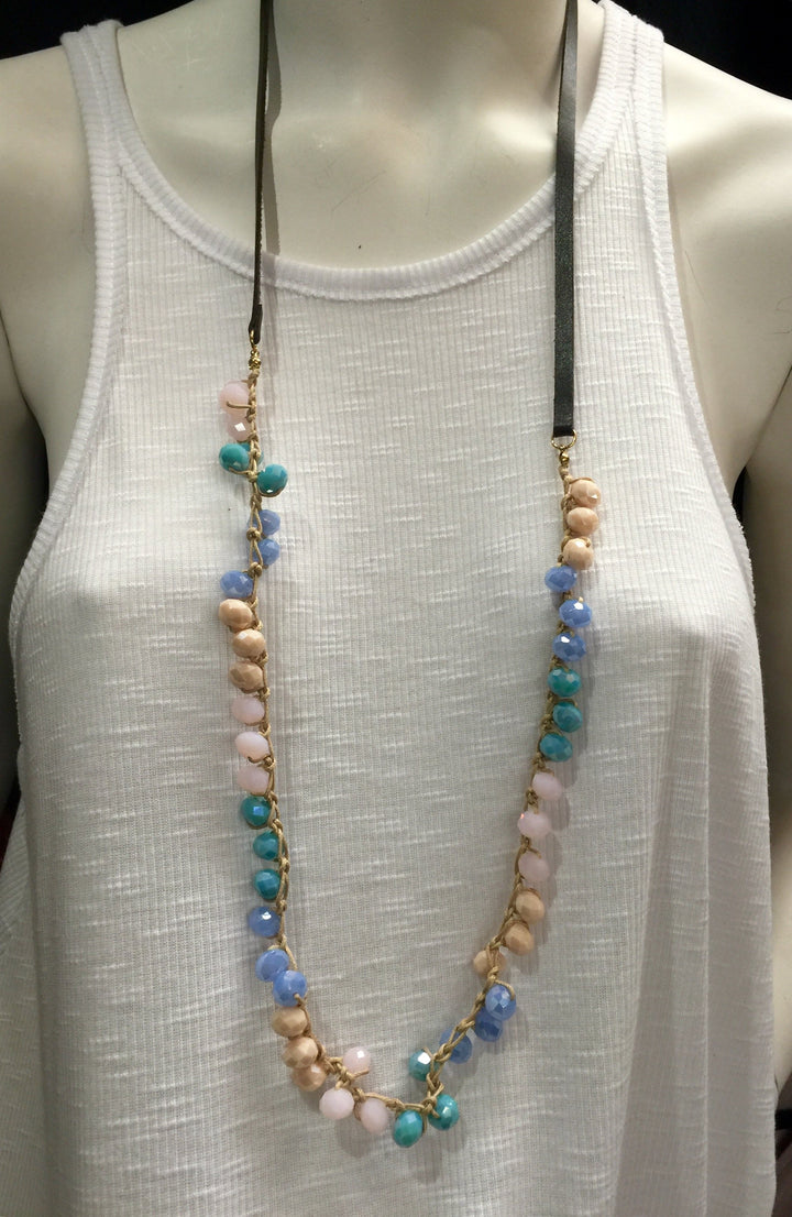 Leather and Crystal Crochet Necklace - Blue