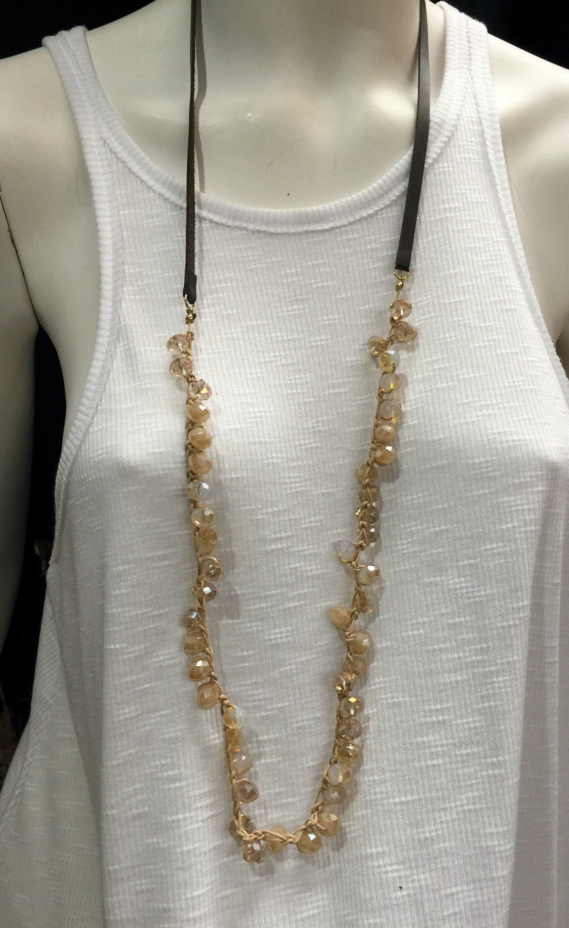 Leather and Crystal Crochet Necklace - Champagne