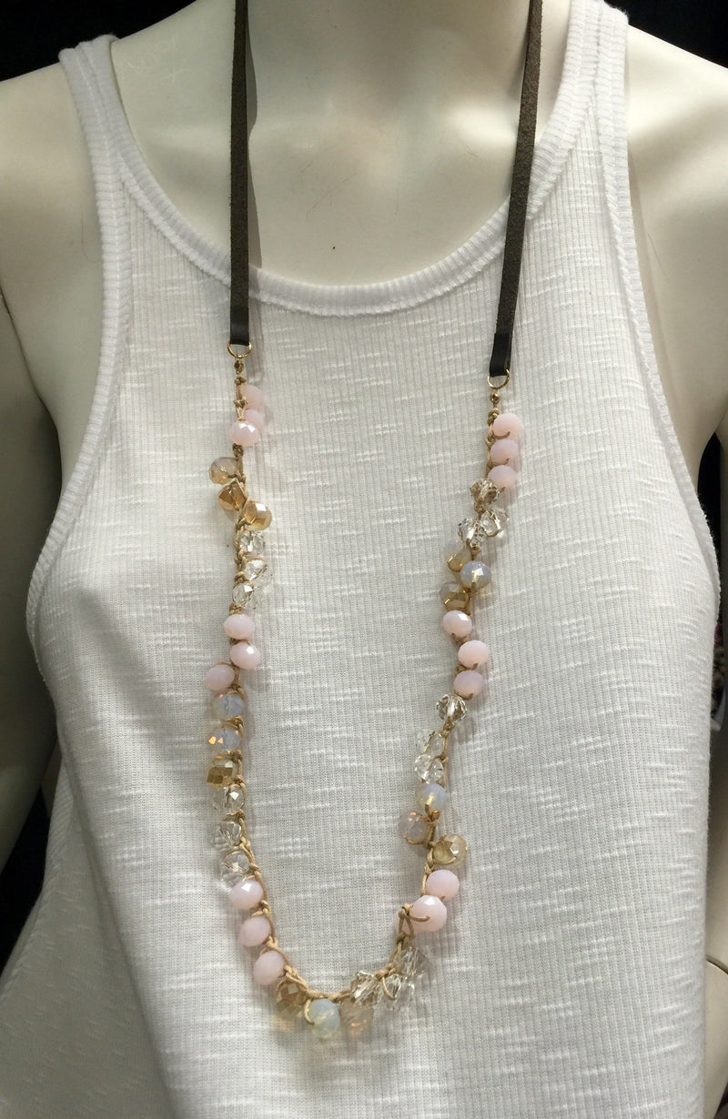 Leather and Crystal Crochet Necklace - Pink