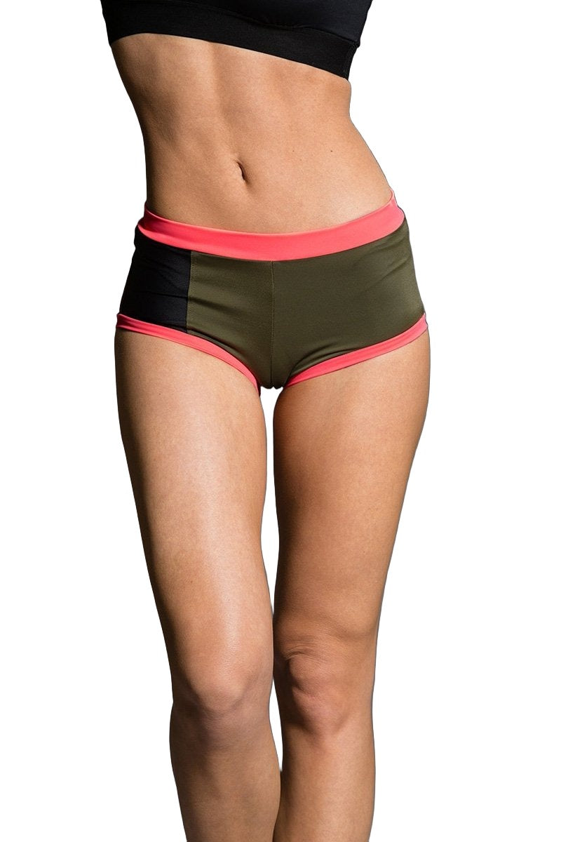 Onzie Hot Yoga Wear Short Block Short 299 - Olive - front view