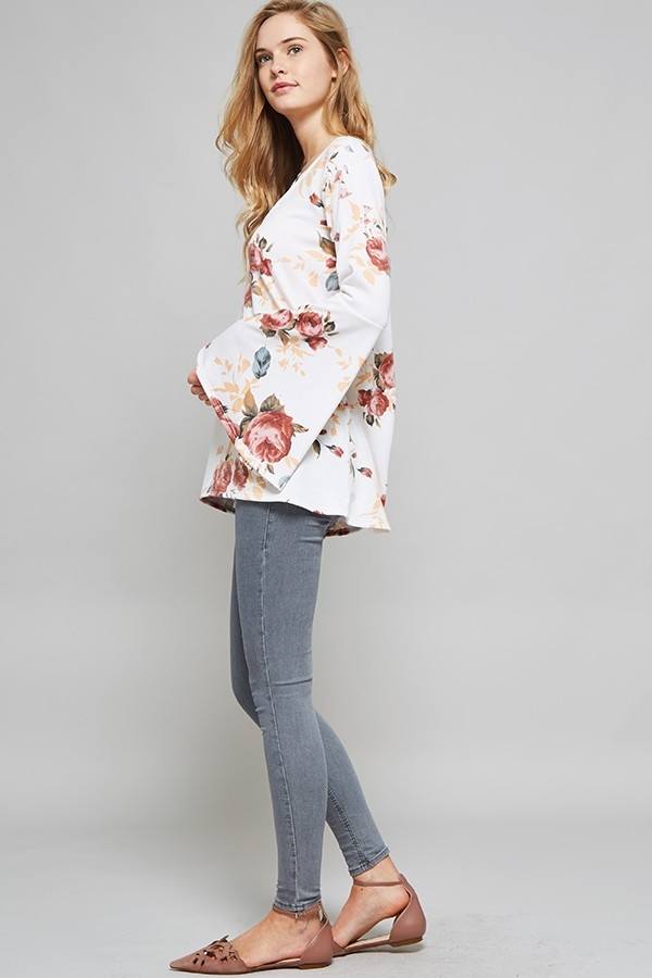 Promesa Floral Print Bell Sleeve Top 2080T - Ivory - side view