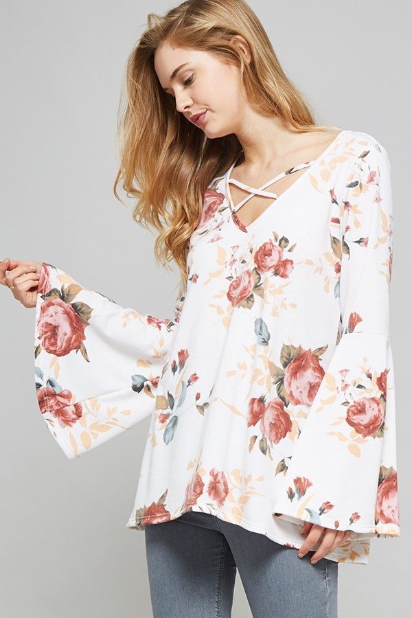 Promesa Floral Print Bell Sleeve Top 2080T - Ivory - front alt view