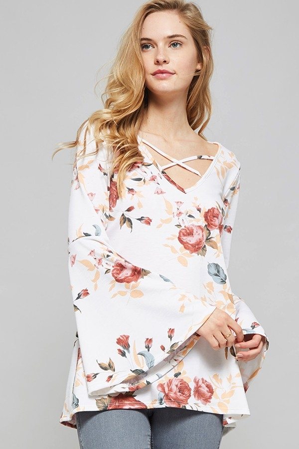 Promesa Floral Print Bell Sleeve Top 2080T - Ivory - front view