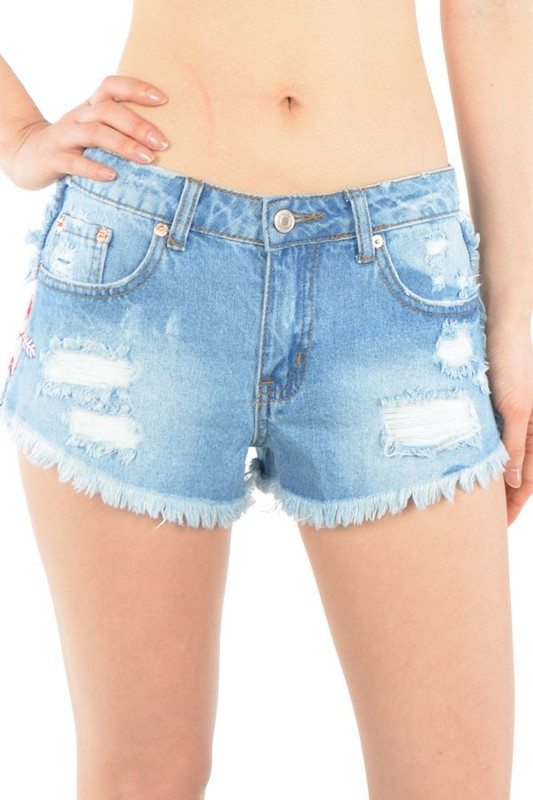 Signature 8 Cut Off Denim Shorts With Floral Patches S8111 - front view
