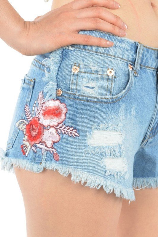 Signature 8 Cut Off Denim Shorts With Floral Patches S8111 - side view
