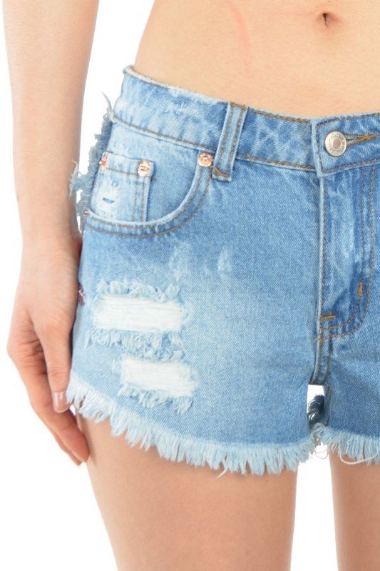 Signature 8 Cut Off Denim Shorts With Floral Patches S8111 - close view