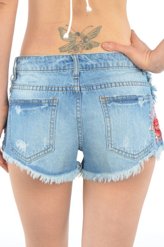 Signature 8 Cut Off Denim Shorts With Floral Patches S8111 - rear view