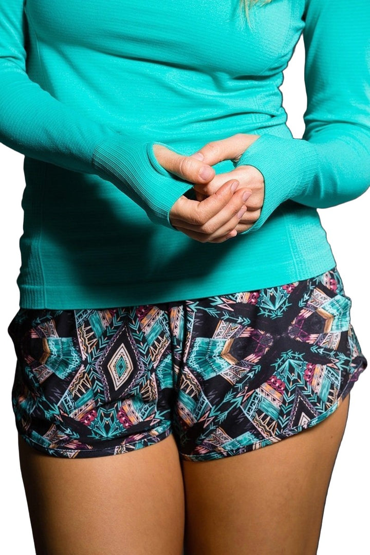 Onzie Hot Yoga Seamless Long Sleeve Crew 344 - Aqua Tides - close view