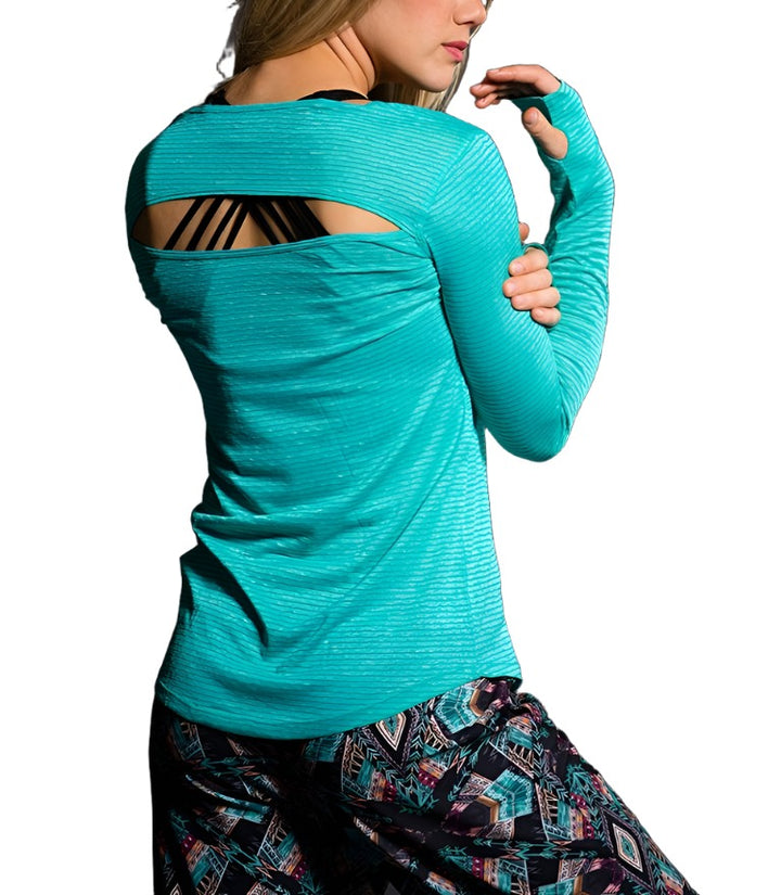 Onzie Hot Yoga Wave Long Sleeve Top 385 - Aqua Tides - rear view