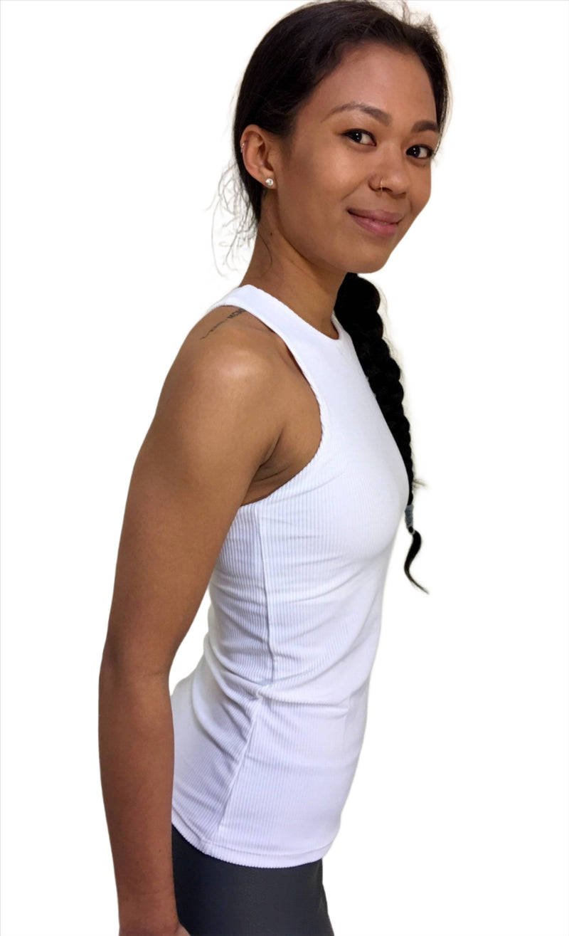 Onzie Hot Yoga X Long Back Tank Top 3038 Ribbed - White - side view