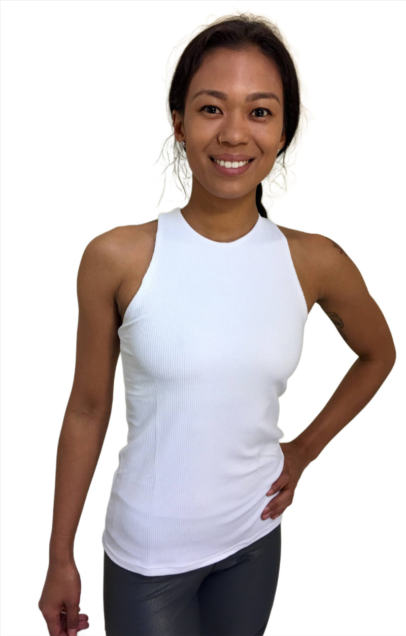 Onzie Hot Yoga X Long Back Tank Top 3038 Ribbed - White - front view