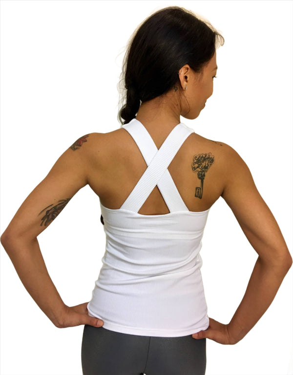 Onzie Hot Yoga X Long Back Tank Top 3038 Ribbed - White - rear view