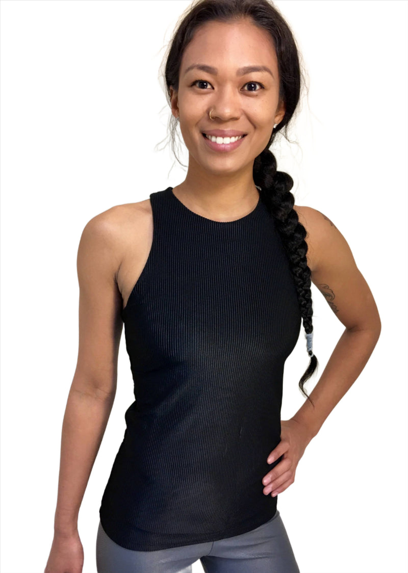 Onzie Hot Yoga X Long Back Tank Top 3038 Ribbed - Black - front view