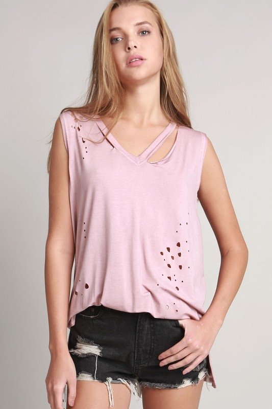 POL Cutout Neckline Distressed Sleeveless Top RCT18 - Dusty Pink - front view