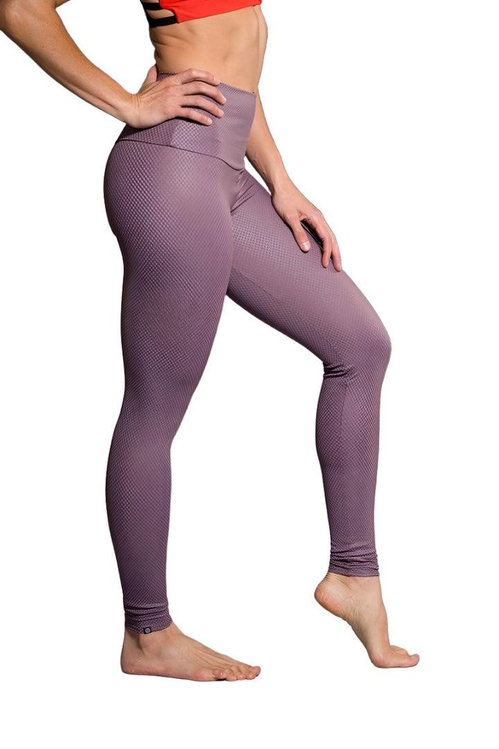 Onzie Hot Yoga High Rise Legging 228 Purple Haze Fishnet - side view