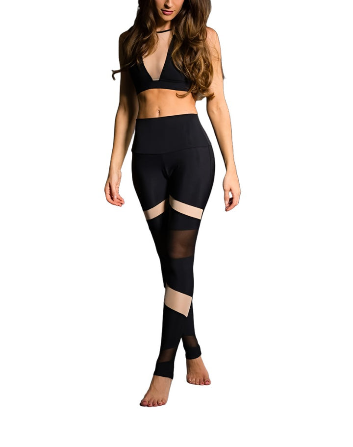 Onzie Hot Yoga High Rise Bondage Legging 280 - Black/Nude Mesh - front view