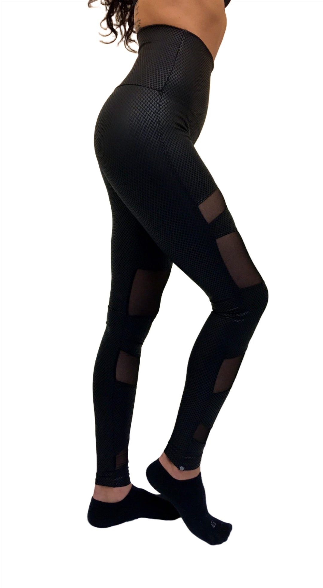 Onzie Hot Yoga High Rise Bondage Legging 280 - Black Fishnet - Side View
