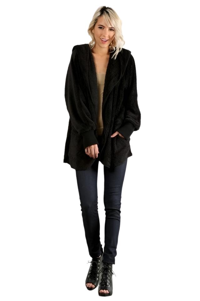 Hem & Thread Fuzzy knit open front, hooded cardigan with pockets L2394 - Black Fuzzy - front alt view 