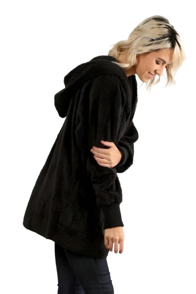 Hem & Thread Fuzzy knit open front, hooded cardigan with pockets L2394 - Black Fuzzy - side view 