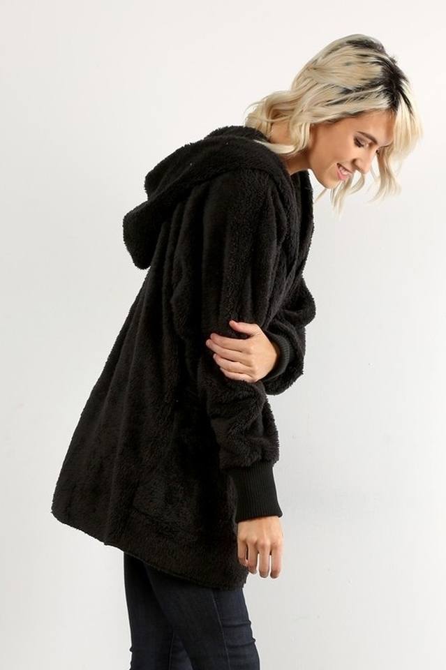 Hem & Thread Fuzzy knit open front, hooded cardigan with pockets L2394 - Black Fuzzy - side view 