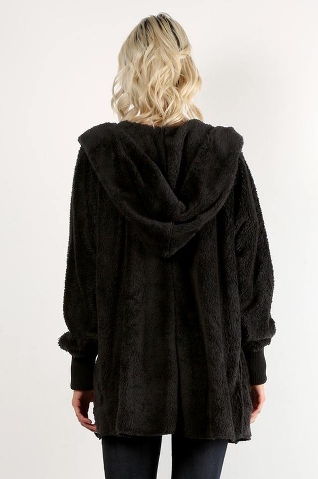 Hem & Thread Fuzzy knit open front, hooded cardigan with pockets L2394 - Black Fuzzy - rear view 