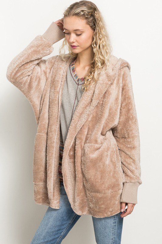 Hem & Thread Fuzzy knit open front, hooded cardigan with pockets L2394 - Taupe Fuzzy - front view